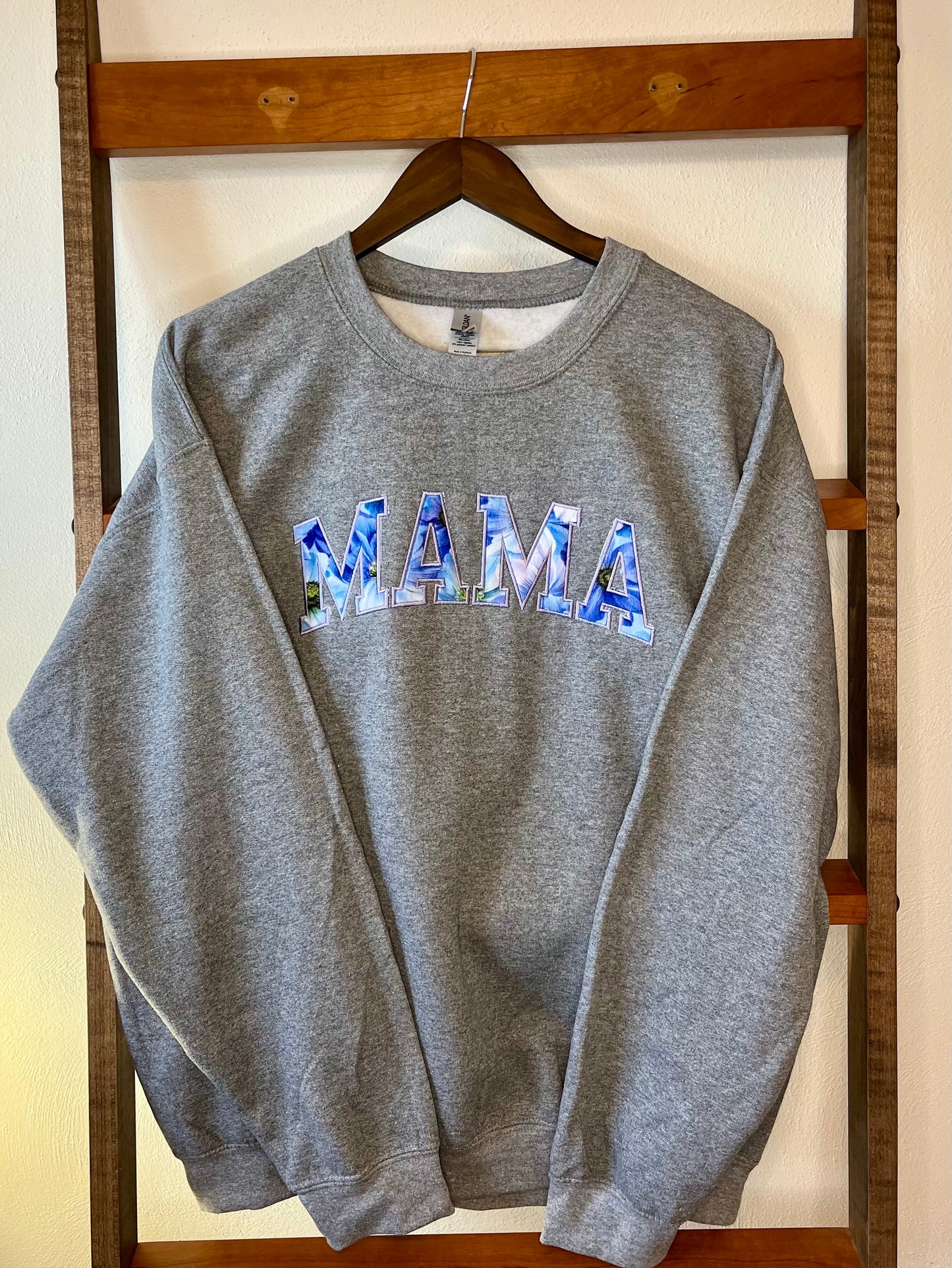 Cuddle® "Mama" Sweatshirt - Heather Sport Gray with Blue Daisies - Unisex Large