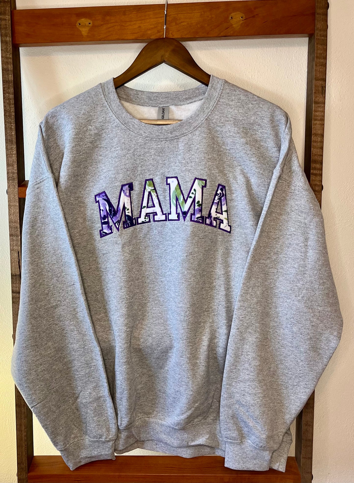 Cuddle® "Mama" Sweatshirt - Sport Gray with Eggplant Roses - Unisex Extra Large
