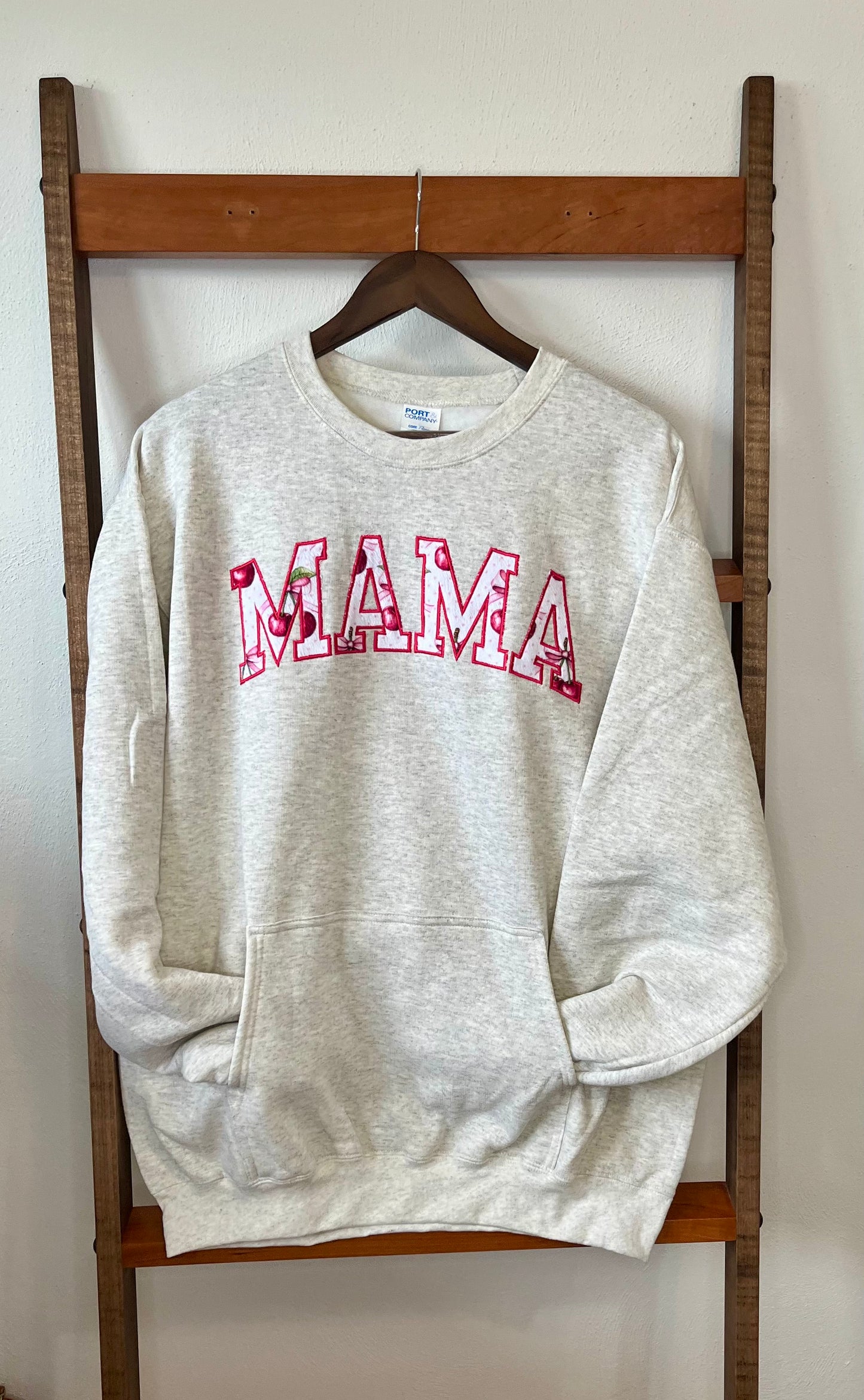 "Mama" Pocket Crewneck - Oatmeal Heather with Sweet Cherries Cuddle - Unisex Extra Large