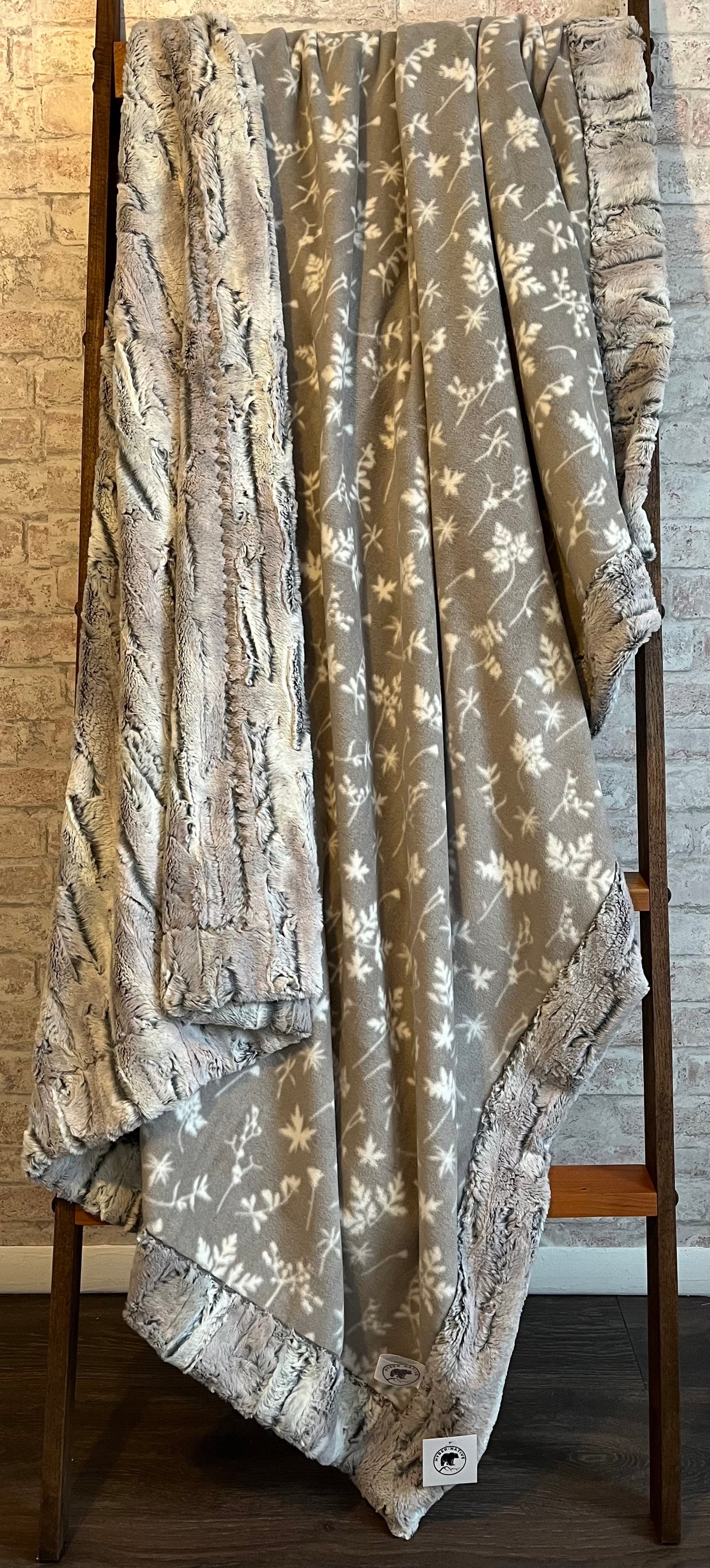 Taupe-Gray Leaf Print/Silver Fox Adult Throw (Luxe Fleece/Minky)